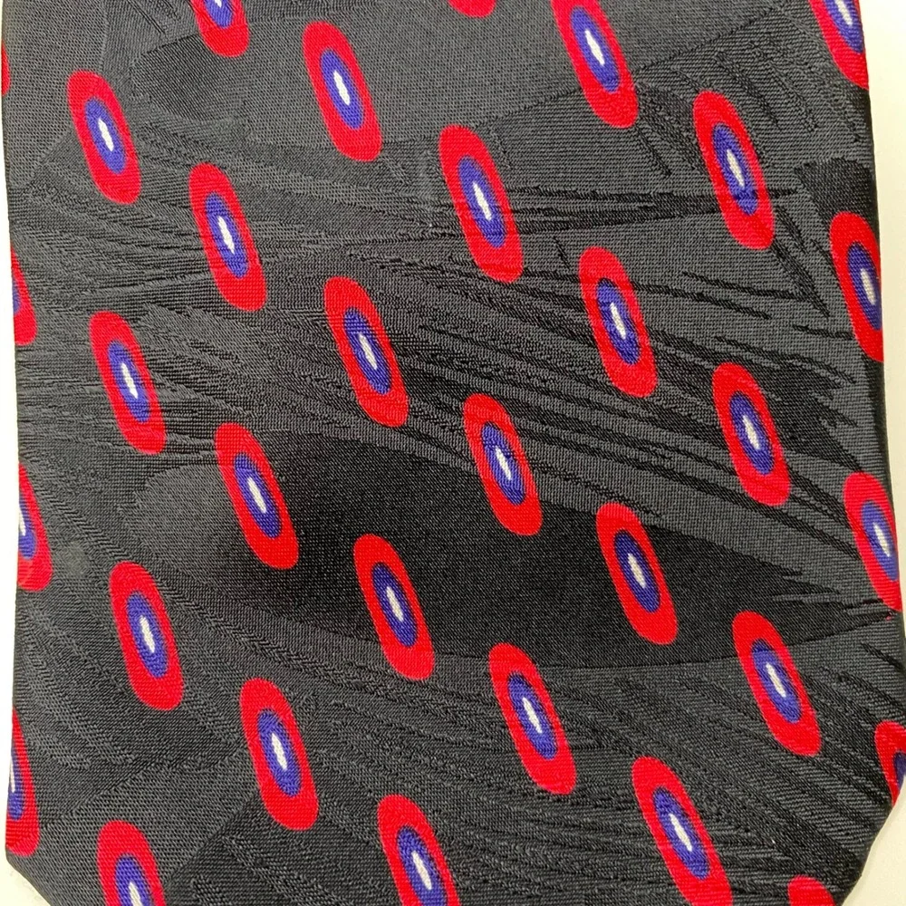 A Taghi Mens Silk Tie Geometric Oval Pattern Black Red Blue Hand‎ Made in Italy
